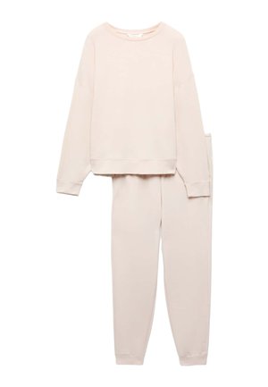 Beżowa bluza oversize i pasujące spodnie dresowe z prążkowanymi ściągaczami i okrągłym dekoltem, rozłożone płasko na białym tle.