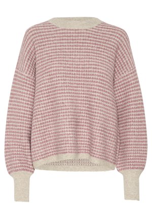 Pull en maille col rond avec des rayures horizontales texturées roses et beiges et des poignets et ourlet côtelés.