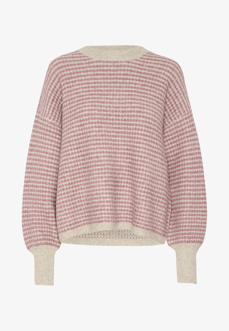 Pull en maille col rond avec des rayures horizontales texturées roses et beiges et des poignets et ourlet côtelés.