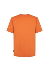 Kortærmet T-shirt med rund hals i lys orange bomuld. Glat tekstur, enkelt design uden mønstre eller udsmykninger.