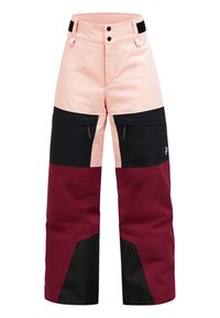 Skihose in Pink, Schwarz und Burgunderrot. Verfügt über eine lockere Passform, zwei Seitentaschen und einen verstellbaren Bund mit Knöpfen und Klettverschluss.