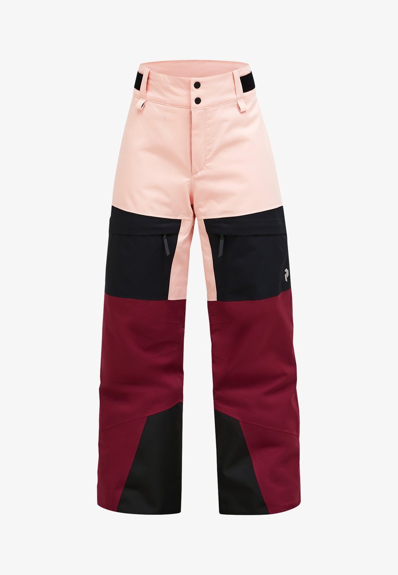 Skibroek in roze, zwart en bordeaux. Kenmerkt zich door een relaxte pasvorm, twee zijzakken en een verstelbare tailleband met knopen en klittenband.