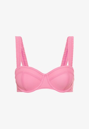 Ružový bikinový top s drôtovou podporou a širokými textúrovanými ramienkami. Obsahuje šité švy a štruktúrovaný dizajn, vhodný na plavky.