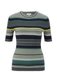 Geribbelde top met korte mouwen, voorzien van horizontale strepen in verschillende tinten groen, marineblauw en geel, met een ronde hals en een zachte textuur.