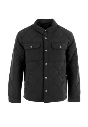 Schwarze gesteppte Jacke mit Kragenansatz, Druckknopfverschluss und zwei Brusttaschen mit einem dezenten gewellten Texturmuster.