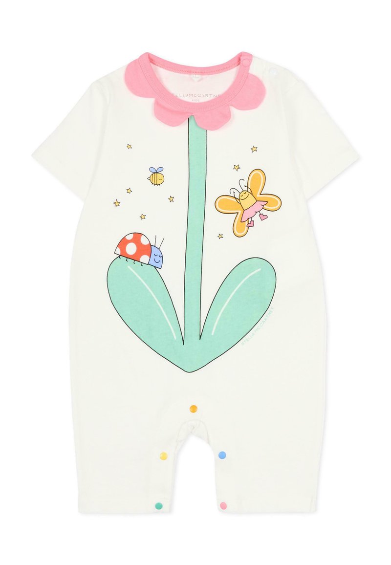 Biały body z kolorowym wzorem kwiatowym, różowym kołnierzykiem oraz ilustracjami ślimaka, biedronki, motyla i pszczół. Zapięcia zatrzaskowe na dole.