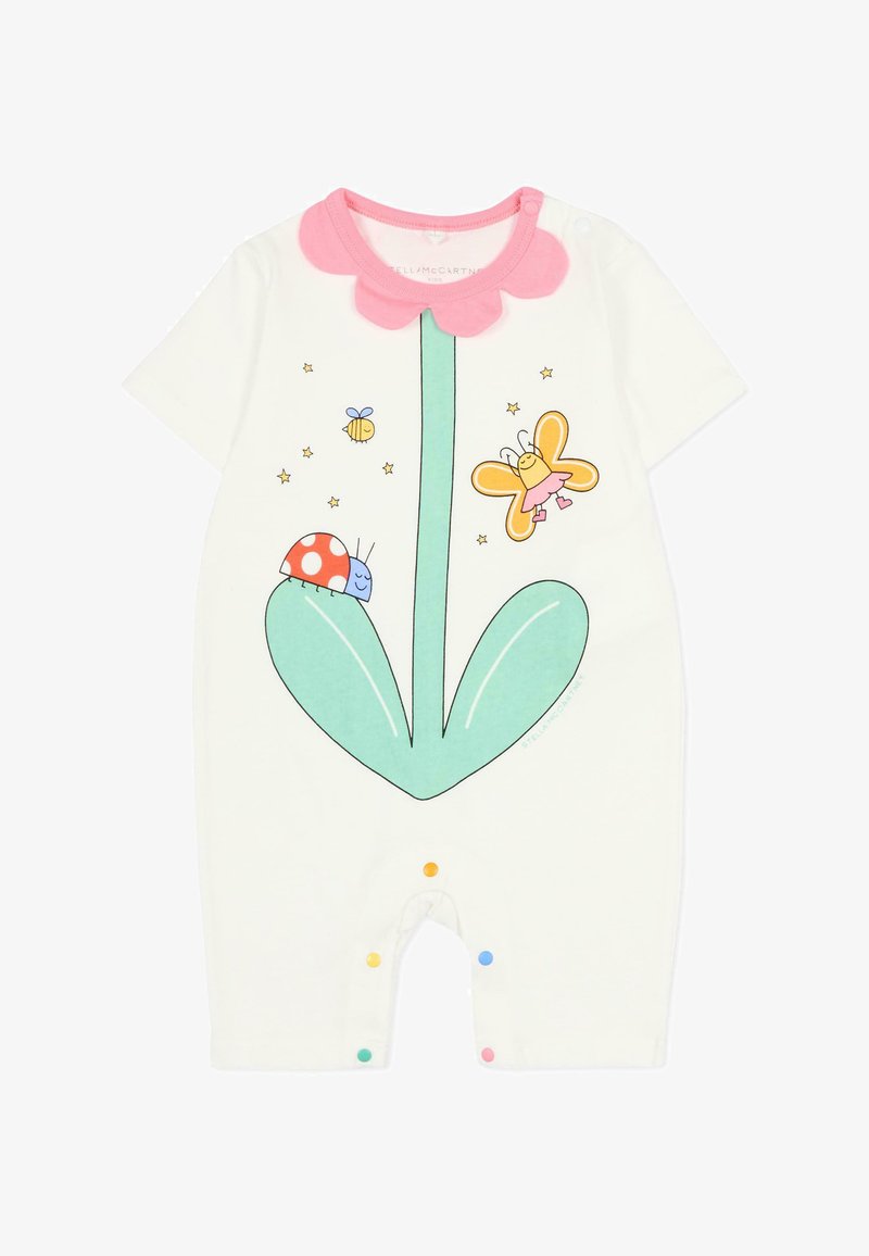 Biały body z kolorowym wzorem kwiatowym, różowym kołnierzykiem oraz ilustracjami ślimaka, biedronki, motyla i pszczół. Zapięcia zatrzaskowe na dole.