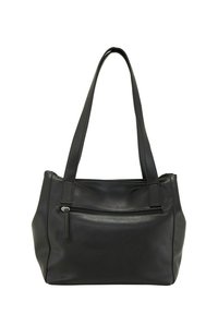 Borsa a tracolla nera in pelle con due manici robusti. Presenta una tasca frontale con zip e una superficie liscia e texturizzata. Forma rettangolare complessiva.