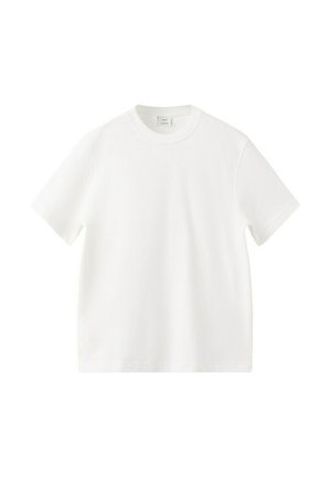 Schlichtes weißes T-Shirt mit kurzen Ärmeln und Rundhalsausschnitt, gerade geschnitten, aus weichem Baumwollstoff, auf weißem Hintergrund dargestellt.