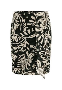 Jupe noire avec un imprimé floral blanc, présentant un design enveloppant et un ourlet asymétrique, confectionnée dans un tissu léger avec une texture visible.