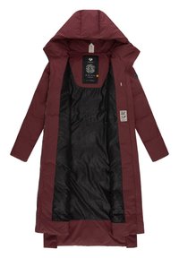 Long maroon jacket with a hood, featuring a zip closure, black interior lining with a textured pattern, and side pockets.