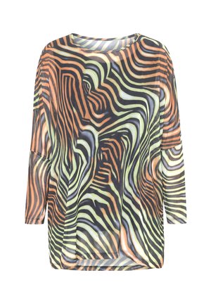 Blouse met lange mouwen met abstract golvende strepen in oranje, geel, zwart en grijs, voorzien van een ronde halslijn en een losse pasvorm.