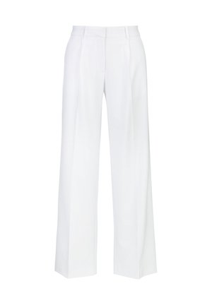 Weiße, hoch taillierte, weit geschnittene Hosen mit vorderen Falten und Gürtelösen, dargestellt vor einem einfarbigen weißen Hintergrund.