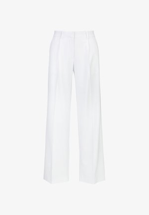 White high-waisted wide-leg trousers with front pleats and belt loops, displayed against a plain white background.