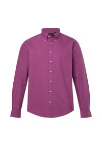 Lila Langarm-Hemd mit Knöpfen, geknöpftem Kragen und gesticktem "JP"-Logo auf der linken Brust.