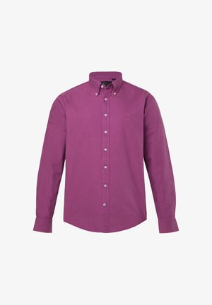 Camicia viola a maniche lunghe con bottoni e colletto con bottoni, con logo "JP" ricamato sul petto a sinistra.
