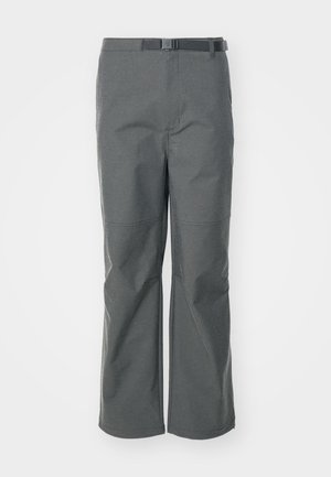 Gray outdoor pants made of durable fabric, featuring a straight-leg cut, adjustable belt, and seam details for added structure.