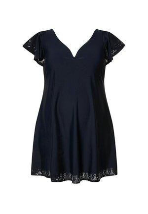 Marineblaues Kleid mit V-Ausschnitt, kurzen rüschengesäumten Ärmeln und einem gewellten Saum, der durchbrochene florale Muster aufweist. Glattes, leichtes Material.