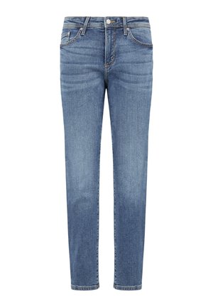 Klassische blaue Denim-Jeans mit geradem Schnitt, Fünf-Taschen-Design und detaillierter Naht; mittlere Wäsche mit weicher Textur.