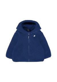 Giacca in pile blu navy con zip e cappuccio, tessuto strutturato, maniche lunghe e piccolo logo bianco sul petto sinistro.