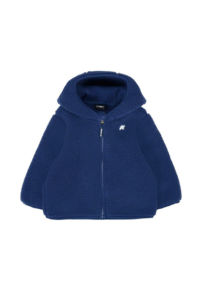 Giacca in pile blu navy con zip e cappuccio, tessuto strutturato, maniche lunghe e piccolo logo bianco sul petto sinistro.