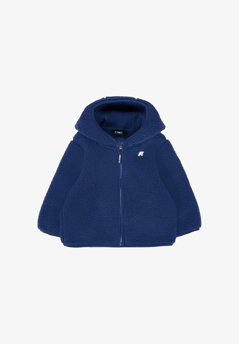 Giacca in pile blu navy con zip e cappuccio, tessuto strutturato, maniche lunghe e piccolo logo bianco sul petto sinistro.