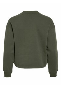 Olive za�ļš īss sporta krekls ar apaļu kakla izgriezumu, nokareniem pleciem un ribota apakšmalu. Gluda tekstūra ar minimālu apdari aizmugurē.