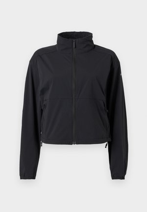 Μαύρο ελαφρύ μπουφάν με πλήρη φερμουάρ μπροστά, ψηλό γιακά, μακριά μανίκια και ρυθμιζόμενα κορδόνια στο τελείωμα.