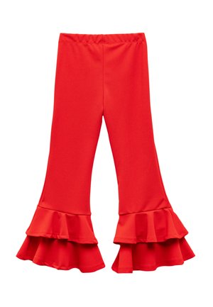Pantaloni rossi a campana con orli arricciati, realizzati in un materiale elastico. La vita è elastica per garantire comfort.
