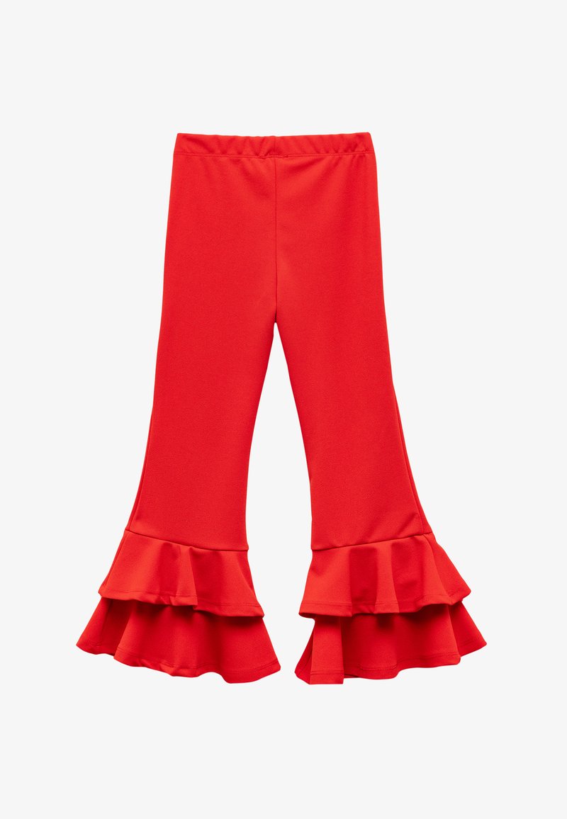Red flared pants with ruffled hems, made from a stretchy material. The waistband is elastic for comfort.