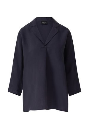 Blouse légère bleu marine avec col, manches trois-quarts et coupe décontractée. Texture lisse, légère brillance et design minimaliste.