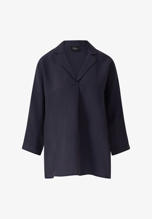 Marineblauwe, lichtgewicht blouse met een kraag, driekwartmouwen en een relaxte pasvorm. Soepele textuur, subtiele glans en een minimalistisch ontwerp.