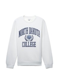 Felpa bianca con grafica "NORTH DAKOTA COLLEGE" in testo blu navy, caratterizzata da un emblema circolare e un design di alloro. Collo a giro e polsini a costine.