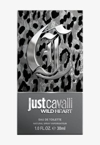 Metallic silver box with animal print patterns, featuring "Just Cavalli Wild Heart" in bold letters and "Eau de Toilette" label.