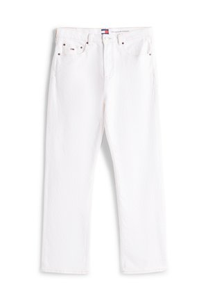 Jean droit blanc en denim de coton, avec un bouton et une fermeture éclair, cinq poches et une étiquette de marque sur la ceinture.