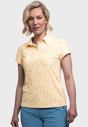 Gelbes Polo-Shirt mit Blumenmuster, Kragen und kurzen Ärmeln, das eine weiche Textur und eine figurbetonte Passform aufweist.