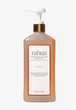 Flacon pompe de shampooing Rahua Enchanted Island, 530 ml, avec une étiquette blanche et un distributeur pompe aux accents dorés.