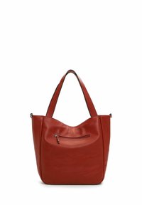 Brūna ādas rokas soma ar diviem rokturiem un mazu rāvējslēdzēja kabatu priekšpusē, attēlota uz baltas fona.