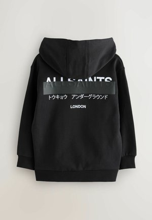 Mustat hupparit, joissa on naruhuppu ja valkoista tekstiä takana: "ALL SAINTS" ja "LONDON." Valmistettu pehmeästä kankaasta, jossa on ribbaborda!