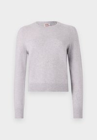 Maglione grigio chiaro con maniche lunghe, polsini e orlo a costine, scollatura rotonda, texture morbida e senza motivi o dettagli visibili.