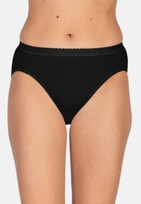 Schwarze Baumwoll-Hochbund-Unterhose mit gewelltem Bund, glatter Textur und ohne sichtbare Muster oder Beschläge.