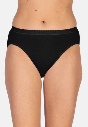 Black cotton high-waisted brief with a scalloped waistband, smooth texture, and no visible patterns or hardware.