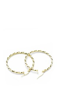 Zlaté skrútené kruhové náušnice s lešteným povrchom, vybavené bezpečným zapínaním. Tvar v kruhu, ľahký dizajn a hladká textura.