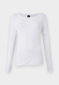 Hvit langermet t-skjorte laget av lett stoff. Har en rund hals og en tettsittende design med minimale sømmer.