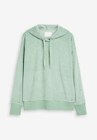 Sudadera verde menta de tejido suave y texturizado, con un cuello ajustable mediante cordón, puños acanalados y un pequeño logo en el dobladillo.
