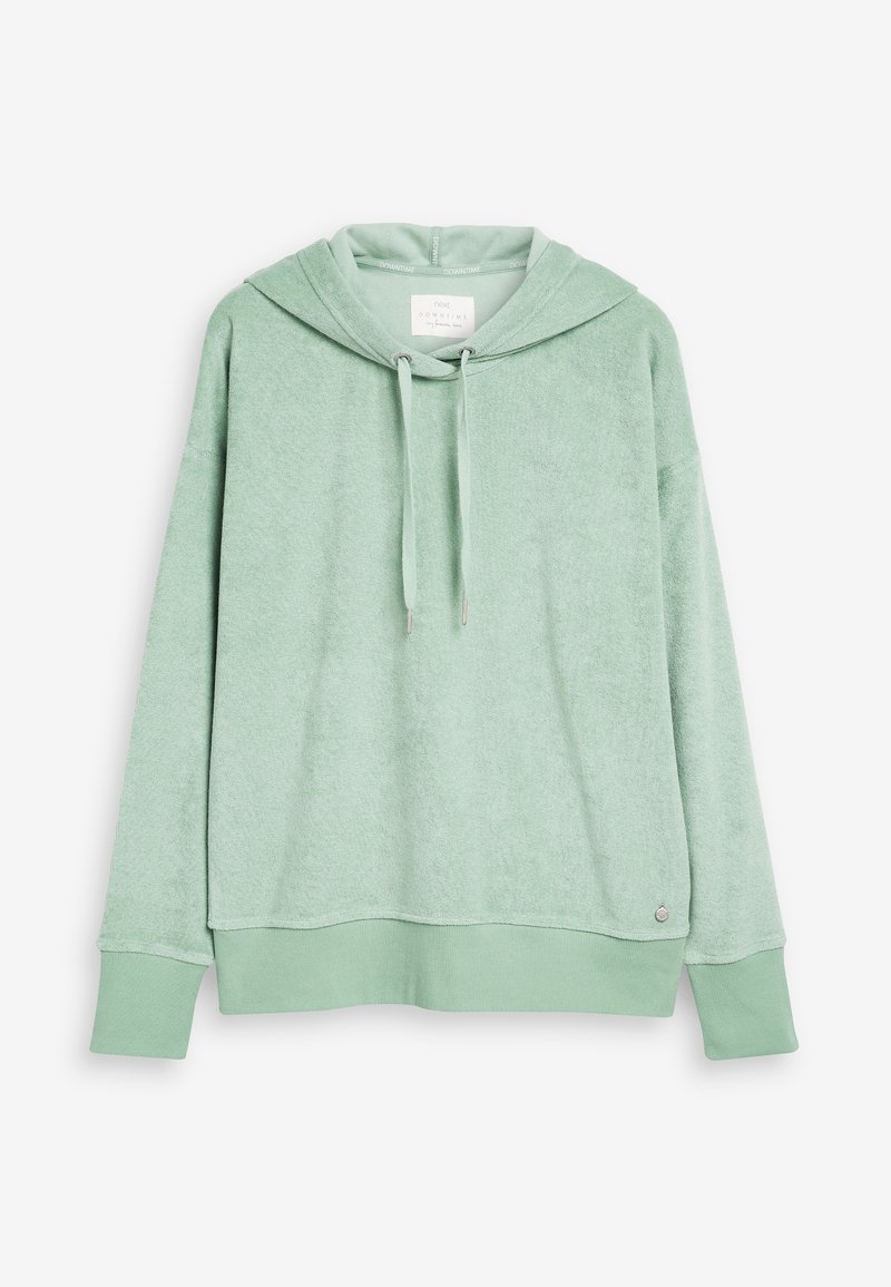 Sudadera verde menta de tejido suave y texturizado, con un cuello ajustable mediante cordón, puños acanalados y un pequeño logo en el dobladillo.