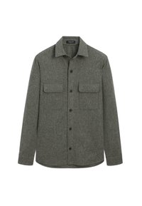 Grå uldskjorte med knapper foran, to brystlommer og en klassisk krave. Har en let buet kant og tekstureret stof.