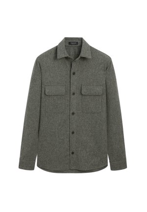 Grå uldskjorte med knapper foran, to brystlommer og en klassisk krave. Har en let buet kant og tekstureret stof.