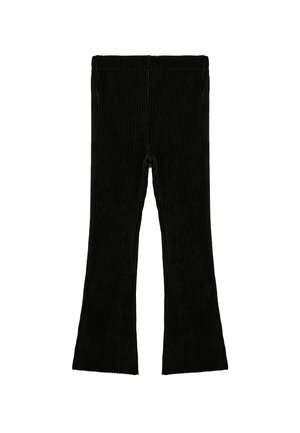 Zwarte corduroy flared broek met verticale ribbeltextuur, voorzien van een elastische tailleband en een aansluitende pasvorm die zich aan de onderkant verwijdt.
