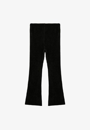 Zwarte corduroy flared broek met verticale ribbeltextuur, voorzien van een elastische tailleband en een aansluitende pasvorm die zich aan de onderkant verwijdt.